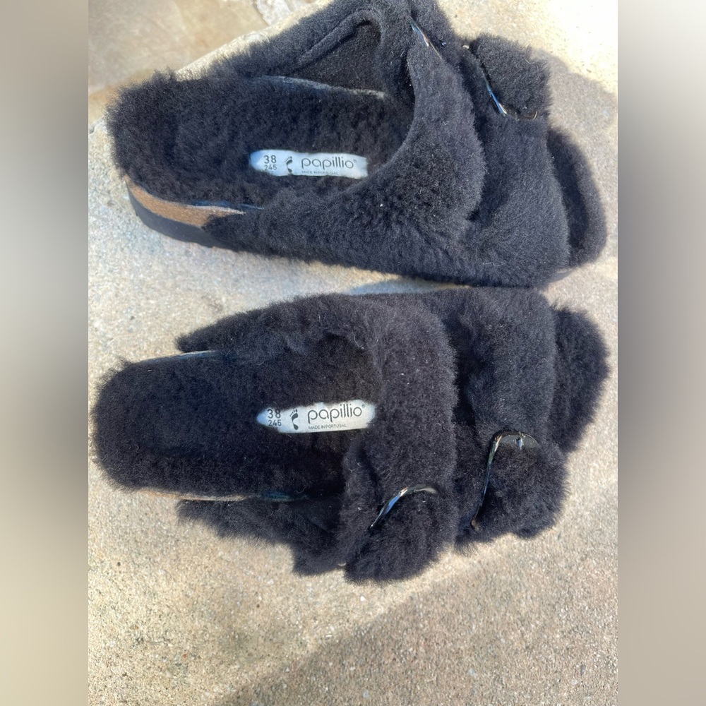 Birkenstock Papillio black shearling teddy Arizona big buckle women 38 size 7 - Picture 2 of 7